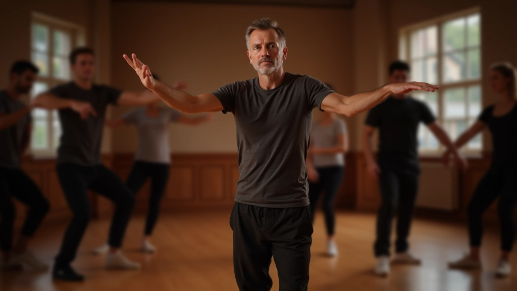 Instruktor ukazuje skupině začátečníků správné držení těla během bachata lekce v taneční třídě