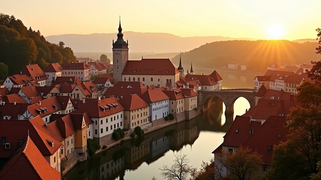 Historické centrum Českého Krumlova s řekou Vltavou, červenými střechami a kostelem, ideální místo pro taneční akce